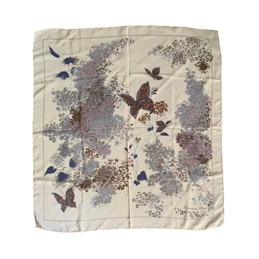 Vintage Christian Dior New Look Silk Floral Lilac Cream Square Scarf 1950s 1990s